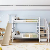 Łóżka dla dzieci i młodzieży - Metalowe łóżko piętrowe dla dzieci 90 x 200 cm - ze zjeżdżalnią - z barierkami bezpieczeństwa - ze schodkami - z półką - biały (bez materaca) - miniaturka - grafika 1