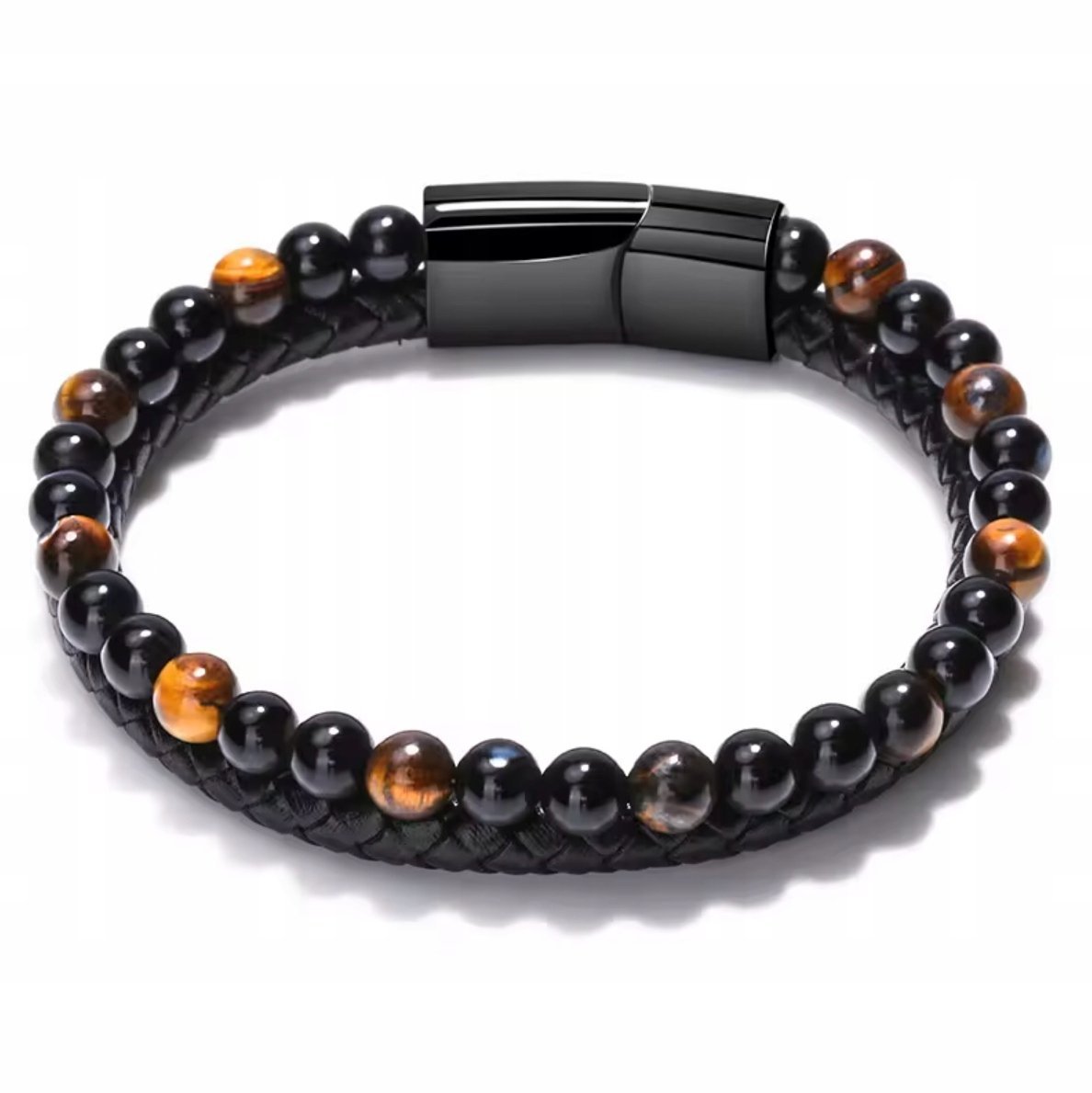 Bransoletka Skórzana Czarna Pleciona Tygrysie Oko Mocne Zapięcie Magnes