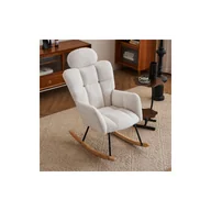 Fotele - Fotel bujany z miękkiej tkaniny Teddy, pikowany, z piankowym oparciem, drewnianą ramą i czarno-białą metalową podstawą, do salonu i sypialni - miniaturka - grafika 1