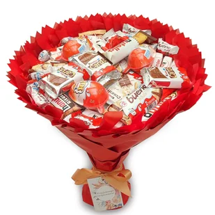Słodki bukiet czerwony na urodziny ze slodyczy Kinder (średnica 30 cm) - Zestawy upominkowe - miniaturka - grafika 1