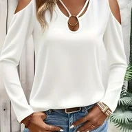 Bluzki damskie - TEMU Elegancka Damska Tunika z Odkrytymi Ramionami i Długim Rękawem - Biała Bluzka Asymetryczna, Zaokrąglony Kołnierz Średnio Elastywna, Pranie w - miniaturka - grafika 1
