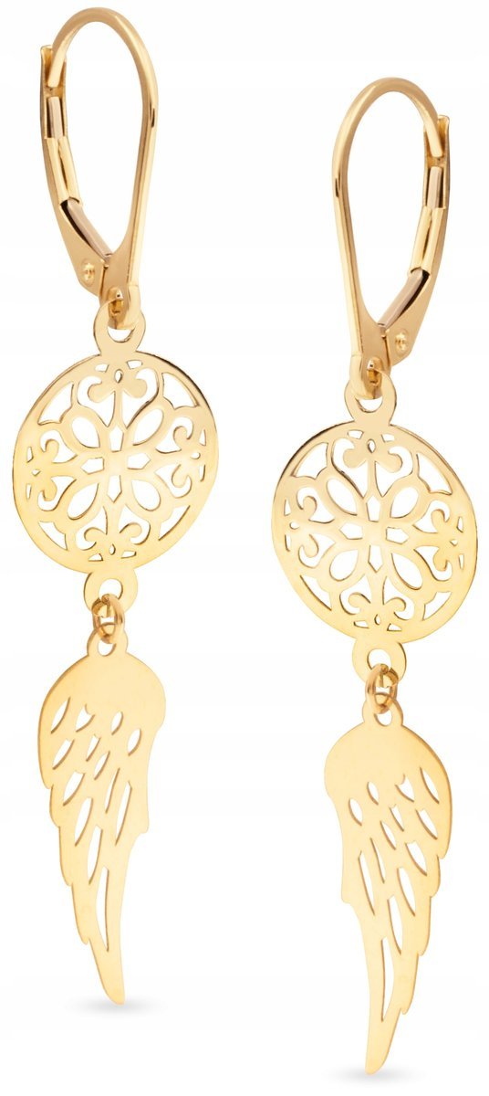 PIĘKNE ZŁOTE KOLCZYKI WISZĄCE KÓŁKO SKRZYDŁO 585