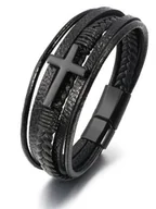 Bransoletki - Skórzana bransoleta plecionka z czarnym krzyżem 21cm - miniaturka - grafika 1