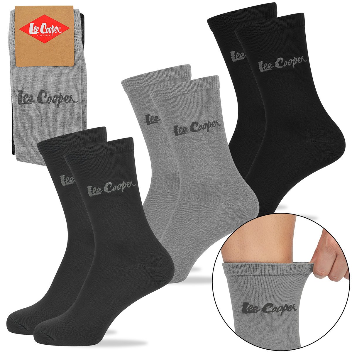 Lee Cooper Skarpety Męskie 3 pary Długie Bawełna Logo Szare Rozmiar 43-46