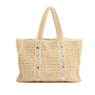 GIOSEPPOTorba damska LOMIRA Rafia z ornamentami cyrkonii w naturalnym odcieniu Letnia moda plażowa Zamek błyskawiczny i wewnętrzna kieszeń Bohemian torba na co dzień i podróże, Naturalna, M, - Torebki damskie - miniaturka - grafika 1
