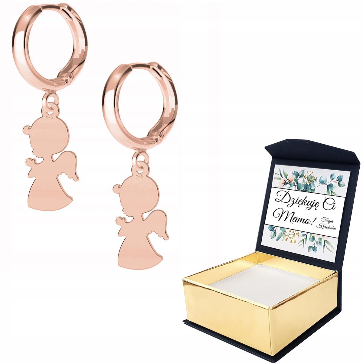 Kolczyki różowe złoto Chłopiec Anioł WŁASNY NADRUK