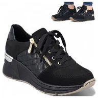 Półbuty damskie - Rieker SKÓRZANE Sneakersy Damskie na Koturnie Wygodne Półbuty Czarne 38 - miniaturka - grafika 1