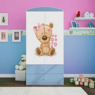 Szafy i szafki dla dzieci - Szafa dwudrzwiowa, do pokoju dziecka, babydreams, 90 cm, miś z kwiatkami, niebieska - grafika 1