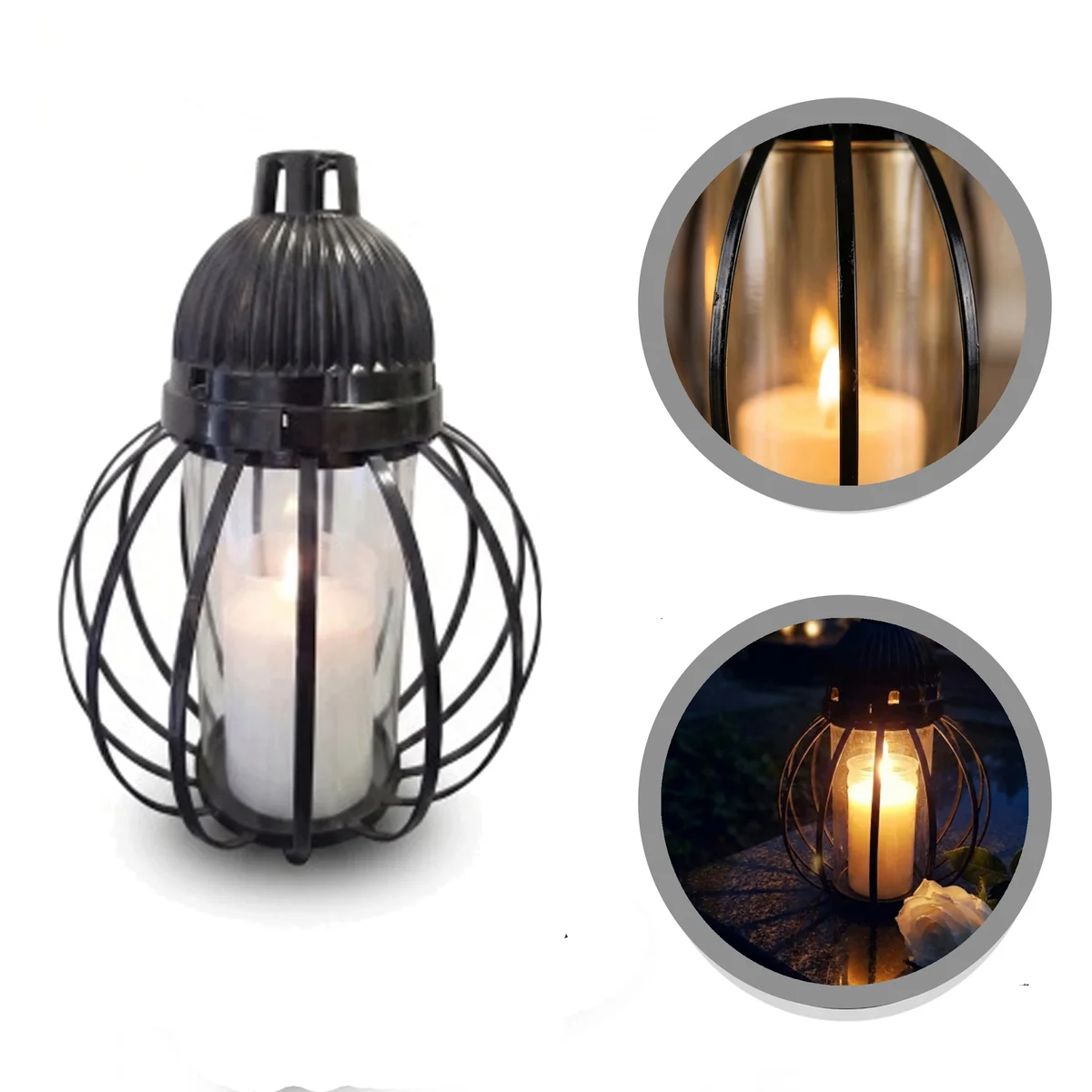 Znicz szklany kapliczka na grób cmentarz lampion Kula Druty Metal Czarne