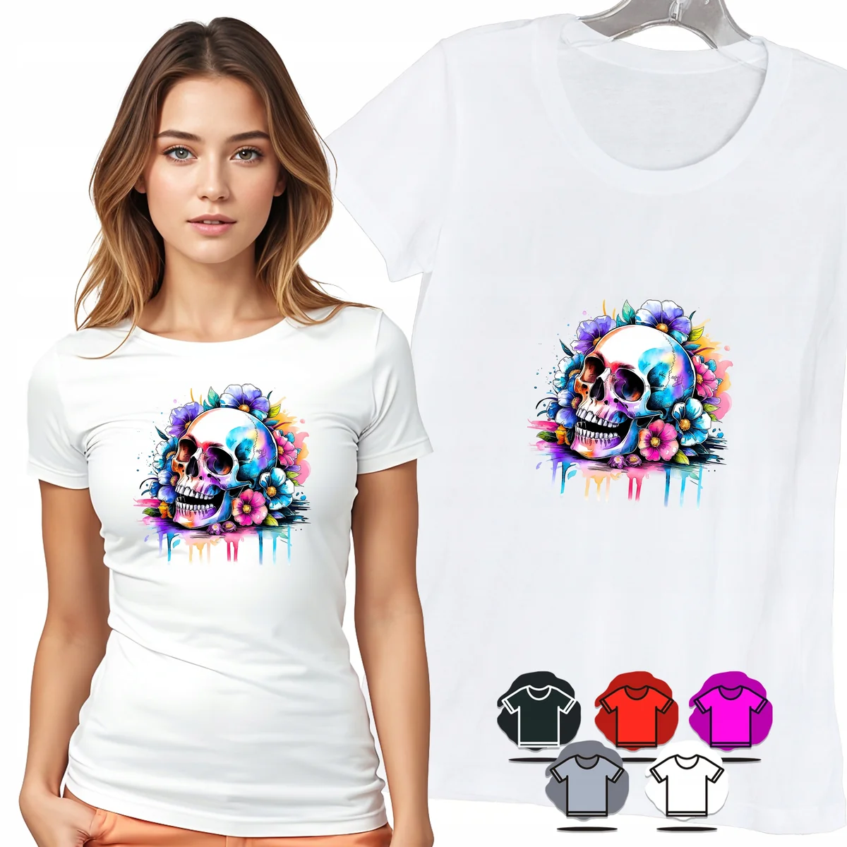 KOSZULKA DAMSKA T-SHIRT - CZASZKA KWIATY KOLOROWY PORTRET DAMSKI WZÓR - XL