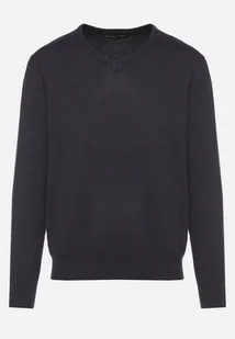 Granatowy Bawełniany Sweter o Klasycznym Kroju z Dekoltem w Serek Amivorra - Swetry męskie - miniaturka - grafika 1
