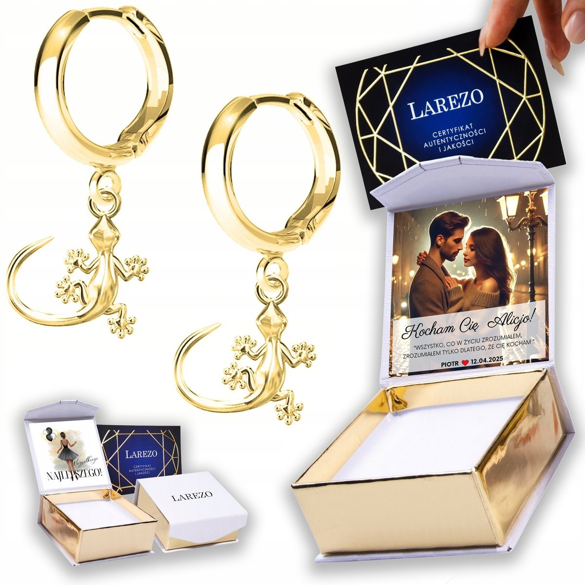 Złote Kolczyki 925 z Jaszczurkami Zwierzęta Gady Jaszczurki NADRUK