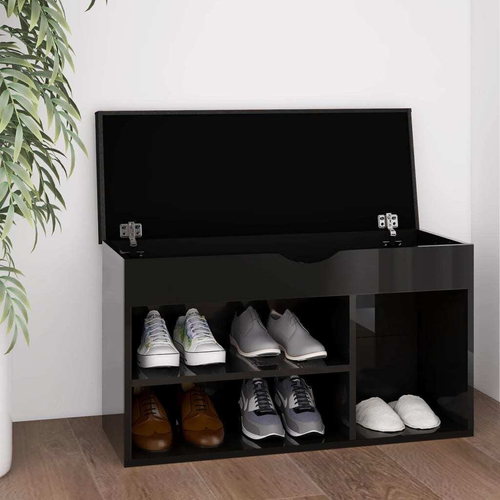 Ławka na buty z poduszką czarny wysoki połysk 80x30x47cm materiał drewnopochodny