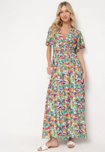 Zielona Sukienka z Wiskozy z Ozdobnymi Marszczeniami i Gumką w Pasie z Rozcięciem na Dole Fierasa - Sukienki - miniaturka - grafika 1