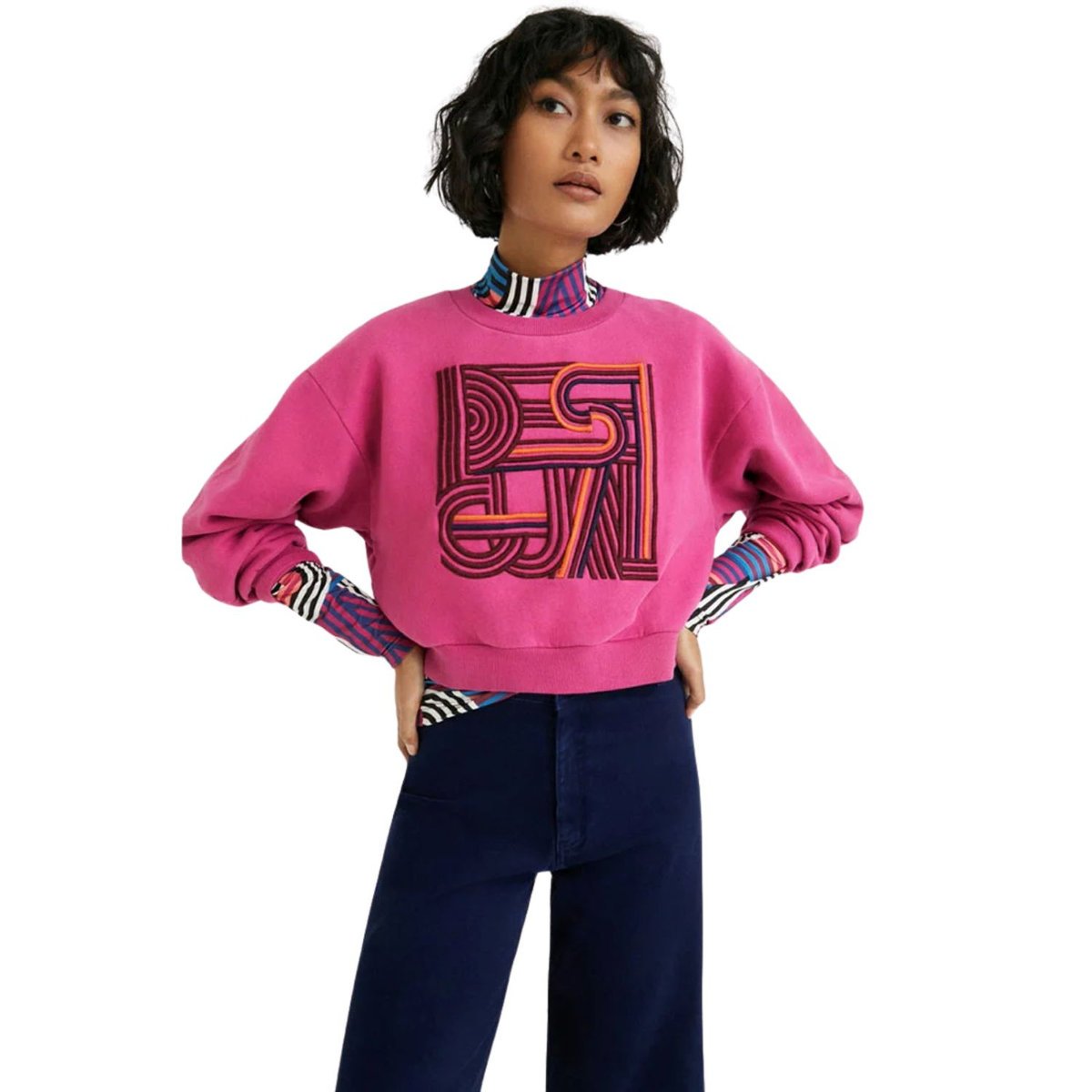 Bluza damska Desigual krótka z haftami fuksjowa-M