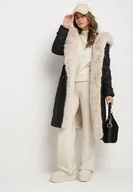 Kurtki damskie - Czarno-Beżowa Ocieplana Kurtka Parka ze Ściągaczem w Pasie z Odpinanym Futrem przy Kapturze Tintelissa - miniaturka - grafika 1