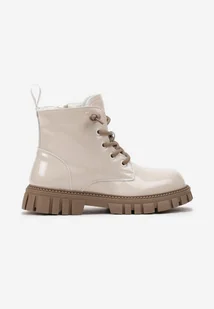 Beżowo-Brązowe Lakierowane Botki Workery na Podeszwie z Protektorem i Ozdobnym Sznurowaniem Faxaria - Botki damskie - miniaturka - grafika 1