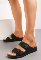 Klapki i japonki damskie - Czarne Klapki na Rzepy na Płaskim Obcasie z Perforacją i Kwiatami Asainara - miniaturka - grafika 1