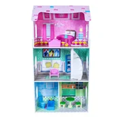Domki dla lalek - EcoToys Wysoki drewniany domek dla lalek, drewniane meble w zestawie - miniaturka - grafika 1