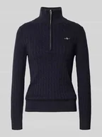 Bluzy damskie - Bluza z kołnierzem, wyhaftowanym logo i ściegiem warkoczowym - miniaturka - grafika 1