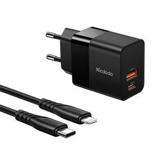 Ładowarka sieciowa Mcdodo CH-1952 USB + USB-C, 20W + kabel USB-C do Lightning (czarna) - Ładowarki do telefonów - miniaturka - grafika 1