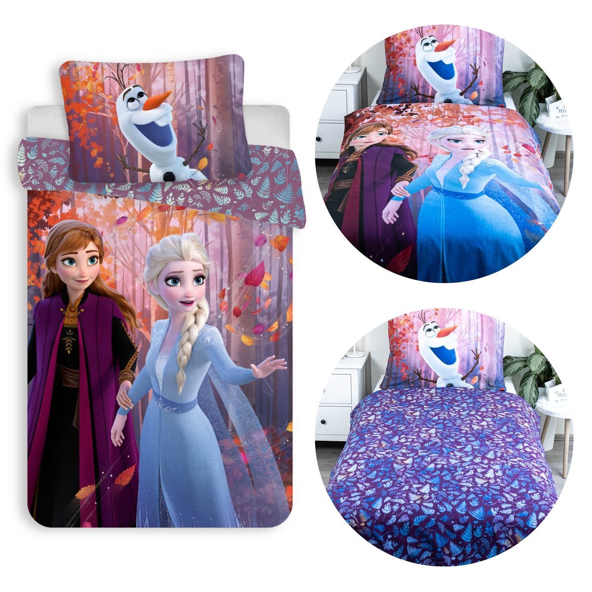 DISNEY Kraina Lodu DWUSTRONNA, bawełniana pościel dziecięca na zamek, 100% BAWEŁNA 140x200cm+70x90cm OEKO-TEX