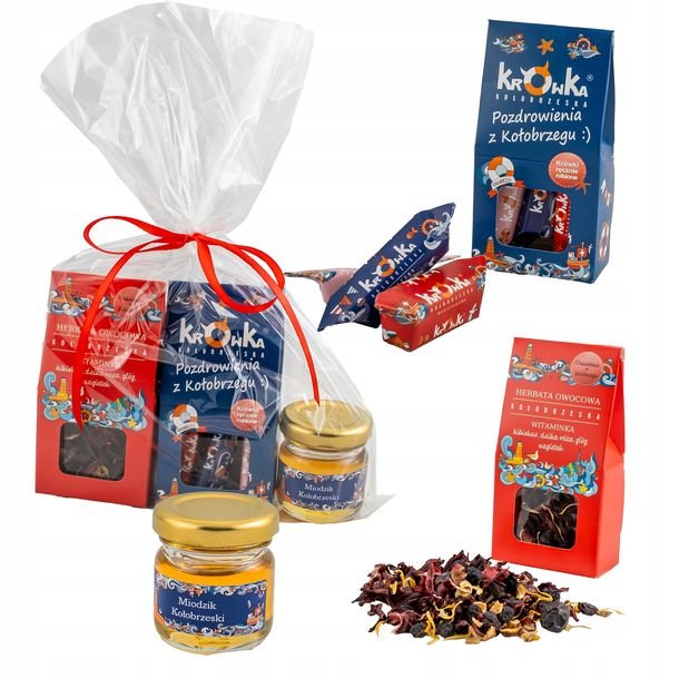 Prezent na każdą okazję miód herbata słodycze krówki zestaw kosz prezentowy