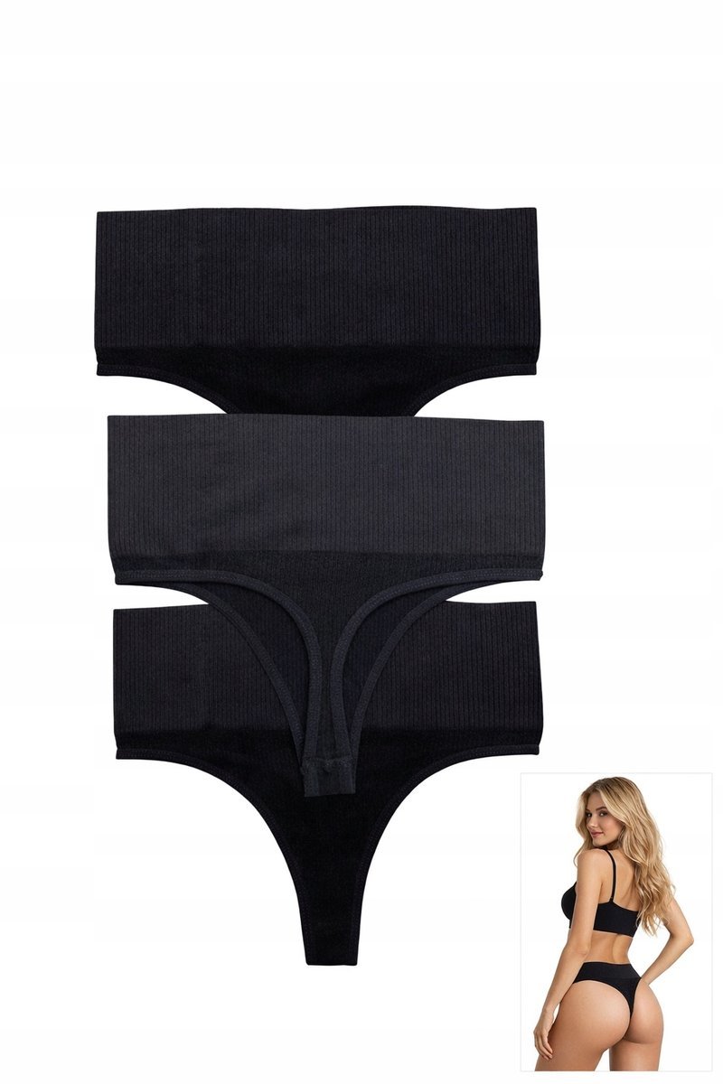 Zestaw 3x stringi damskie modelujące bezszwowe wysoki stan czarne S