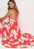 Sukienki - Czerwona Rozkloszowana Sukienka z Wiskozy na Ramiączkach w Kwiaty Nansora - miniaturka - grafika 1