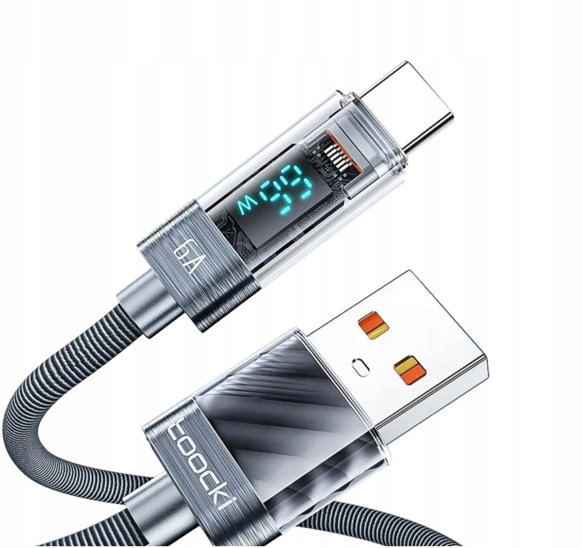 Toocki kabel 2 metry USB A do Usb C 6A 66W 2m szary LCD, miernik