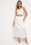 Komplety damskie - Biały Komplet w Stylu Boho Koronkowy Top i Spódnica Rozkloszowana z Gumką w Pasie Sovemia - miniaturka - grafika 1