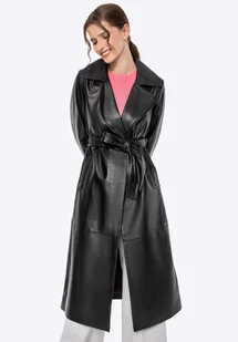 Damski płaszcz skórzany z paskiem ciemny brąz - Płaszcze damskie Damski płaszcz skórzany z paskiem ciemny brąz - Płaszcze damskie - miniaturka - grafika 1