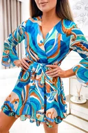 Sukienki - WZORZYSTA SUKIENKA WIĄZANA W PASIE- TURKUSOWA - Olika - miniaturka - grafika 1