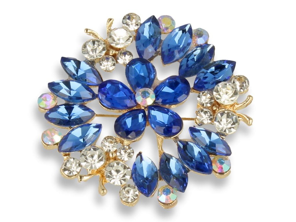 Broszka Damska Złota Z Chabrowym Kwiatem I Motylkami