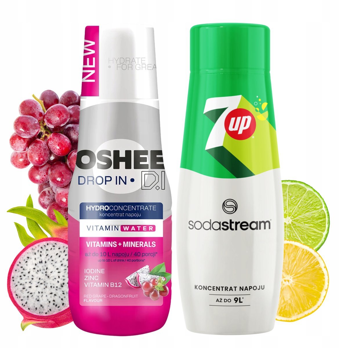 Syropy Zestaw: OSHEE Dragonfruit Winogrono + 7UP SODASTREAM Koncentraty