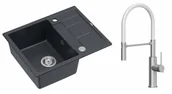 Zlewozmywaki z baterią - Quadron Unique Zlewozmywak granitowy jednokomorowy 62*50*22 cm z ociekaczem MORGAN 116 BLACK DIAMOND z syfonem Push-2-Open w kolorze stalowym z baterią GEMMA Q LINE SLIM z ruchomą wylewką kolor stal szczotkowana/biały wąż - miniaturka - grafika 1