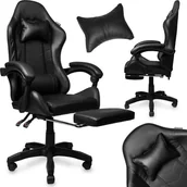 Fotele gamingowe - Fotel gamingowy krzesło obrotowe z podnóżkiem ekoskóra czarny - miniaturka - grafika 1