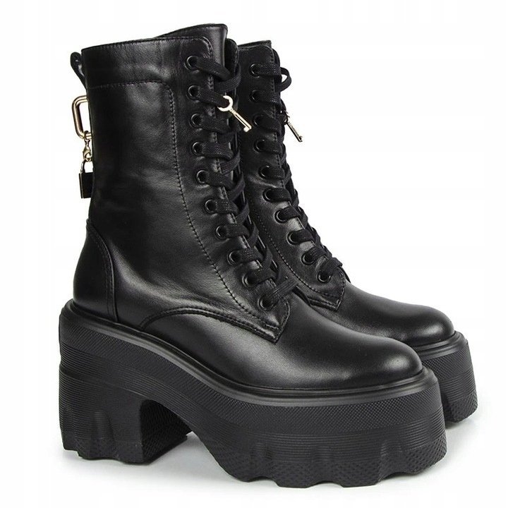 Carinii B9923-E50 Czarne Botki Workery Damskie Klocek Platforma Modne