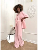 Spodnie damskie - Eleganckie szerokie spodnie z kantem PONTI - pudrowy róż - miniaturka - grafika 1