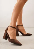 Czółenka - Ciemnobrązowe Czółenka z Imitacji Zamszu na Słupkowym Obcasie ze Szpiczastym Noskiem Hadina - miniaturka - grafika 1