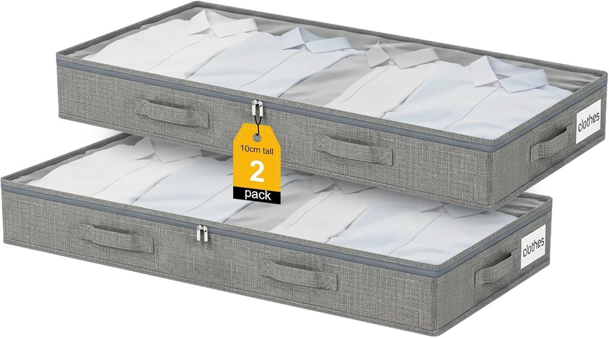 Pudełko do przechowywania pod łóżkiem, 2 sztuki, 50 l, 10 cm wysokości, duże pudełko z zamkiem błyskawicznym, składana szafa na ubrania, kołdry i po..