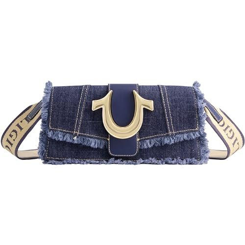 True Religion Damska torebka na ramię, postrzępiona dżinsowa mini klapa, torebka crossbody z logo podkowy, dżinsowy