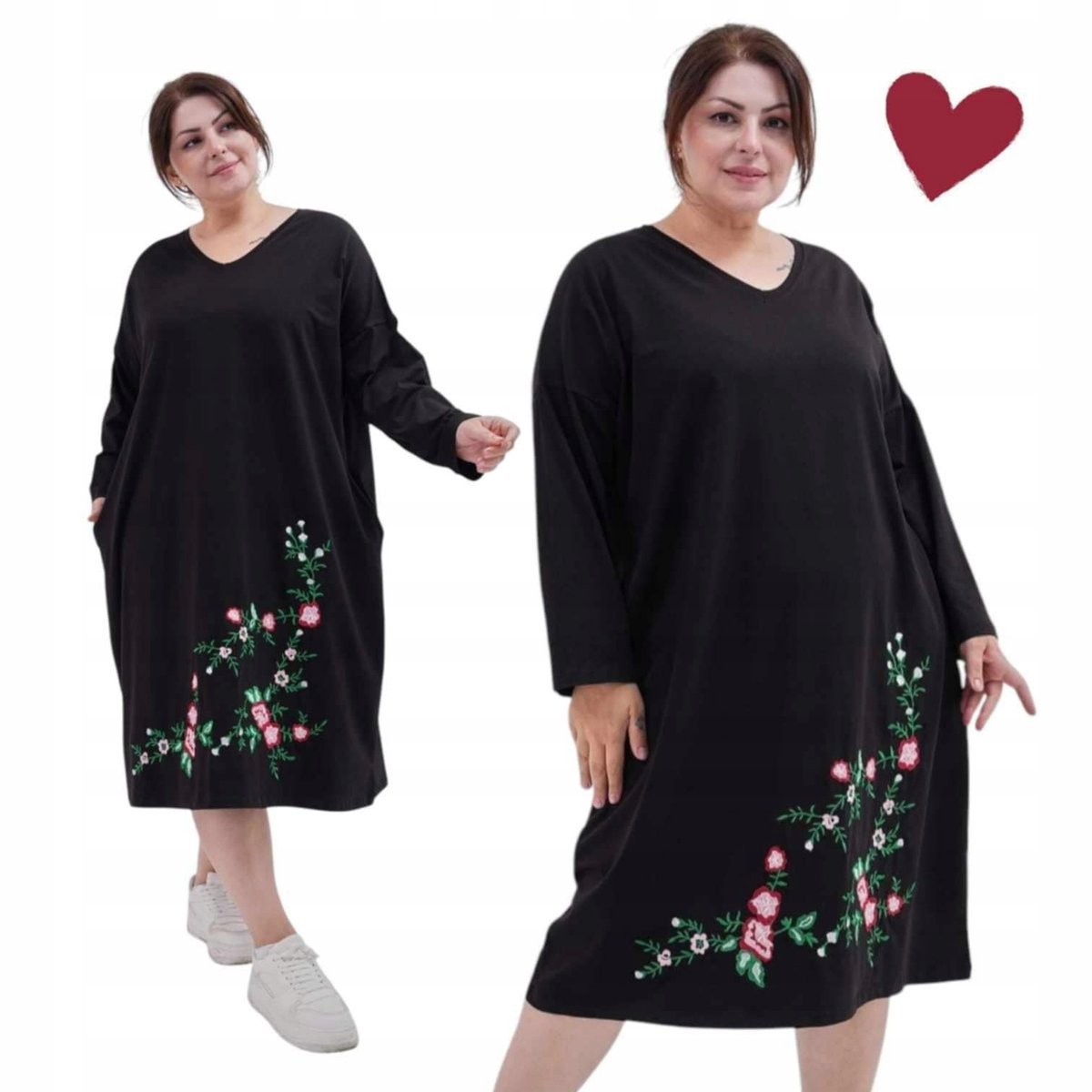 BAWEŁNIANA SUKIENKA Z HAFTEM KWIAT kieszenie sportowa 50 52 5XL 6XL 3241