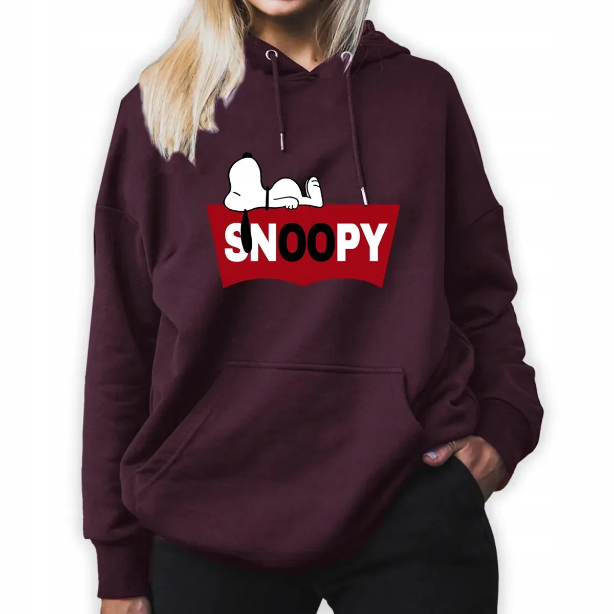 Bluza Damska Burgundowa Z Kapturem Dla Miłośnika Piesków Snoopy Wzory - M