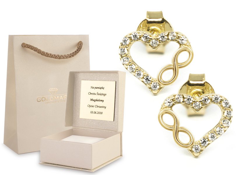 ZŁOTE KOLCZYKI SERCA NIESKOŃCZONOŚĆ 333 GRAWERUNEK