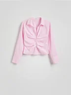 Koszule damskie - Reserved - Bawełniana koszula z drapowaniem - różowy - miniaturka - grafika 1