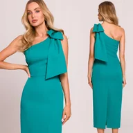 Sukienki - Kobieca Sukienka Na Wesele Damska Na Jedno Ramię Z Kokardą Turkusowa 38 M - miniaturka - grafika 1