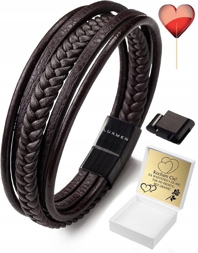 Bransoletka Męska Skórzana Brązowa Skóra Pleciona Regulowana Z Grawerem