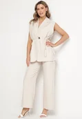 Komplety damskie - Beżowy Komplet Garniturowy Wiązana Kamizelka i Szerokie Spodnie Davionis - miniaturka - grafika 1