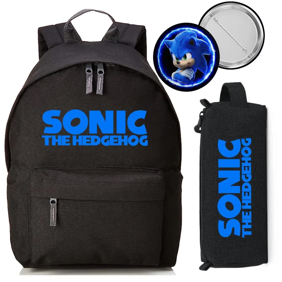 Zestaw do Szkoły Czarny Plecak + Piórnik + Pin Bajka Sonic Hedgehog Wzory